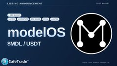 A listing announcement graphic from SafeTrade featuring the ModelOS (MDL) logo and ticker $MDL/USDT, with tags including "NEW MARKETS," "POUW," "INNOVATION," "GPU MINING," and "AI UTILITY." The image supports the post by visually promoting the new MDL token listing on SafeTrade and highlighting ModelOS's focus on Proof-of-Useful-Work, GPU mining, and AI compute.
