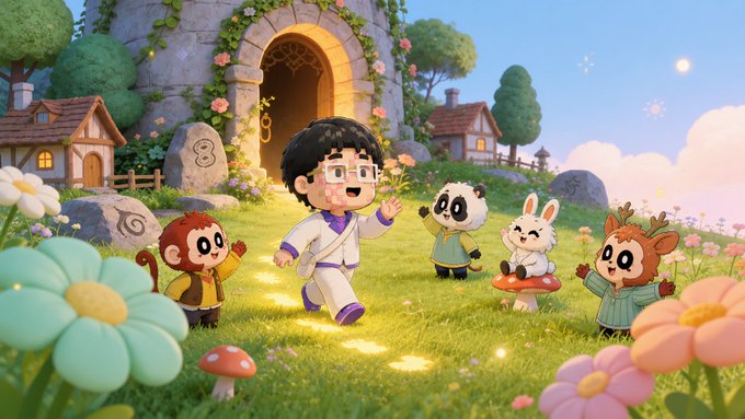 A 3D-rendered cartoon scene featuring a boy with glasses running through a colorful meadow surrounded by a panda, monkey, rabbit, and deer characters.