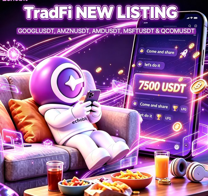 Promotional graphic for TradFi NEW LISTING featuring GOOGLUSDT, AMZNUSDT, AMDUSDT, MSFUSDT & QCOMUSDT with an astronaut mascot, smartphone interface, and 7500 USDT reward offer.