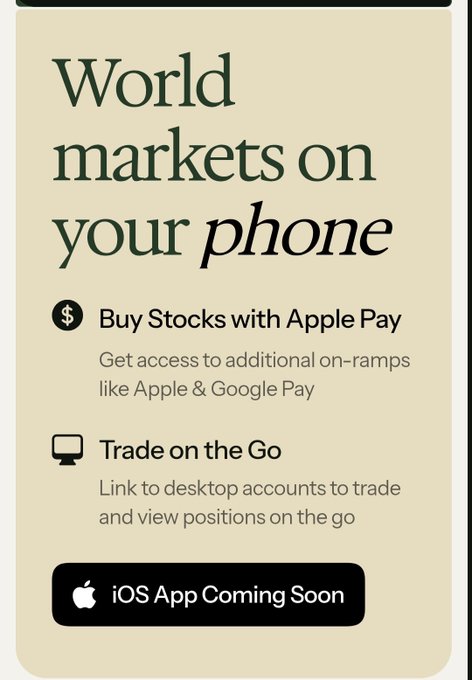 A promotional graphic titled 'World markets on your phone' advertising the ability to buy stocks with Apple Pay and trade on the go, with an iOS App Coming Soon button.