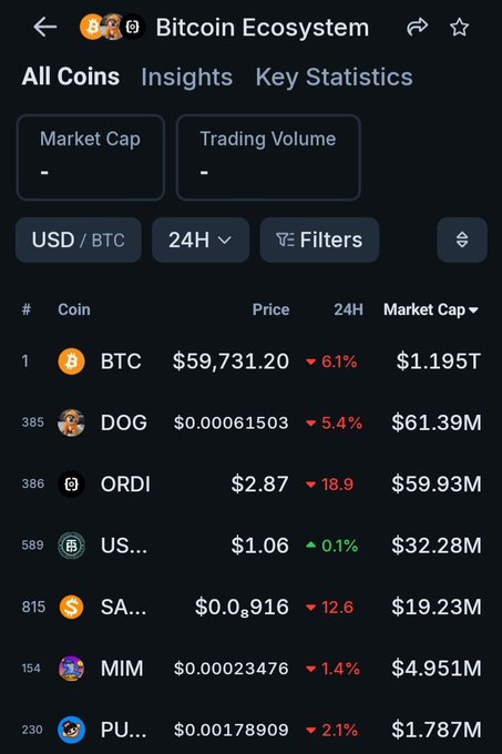This image shows a smartphone screen displaying various cryptocurrencies such as Bitcoin, DOG, Btc, USDC, and others with their respective prices. The display provides insights into market trends for these digital assets like trading volume and historical data. A user has sent text to this app asking about Bitcoin's performance in the short term, which could be interpreted as a question related to the current market conditions or the potential gains from investing in this particular cryptocurrency.