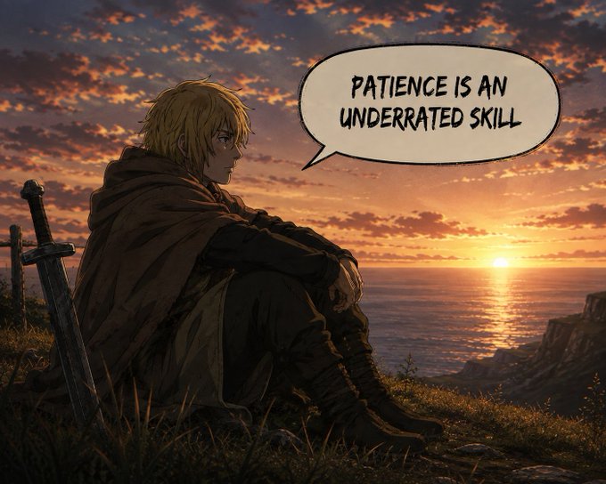 Anime-style illustration of a blonde swordsman sitting on a cliff at sunset with his sword planted in the ground beside him, accompanied by a speech bubble reading 'PATIENCE IS AN UNDERRATED SKILL.'