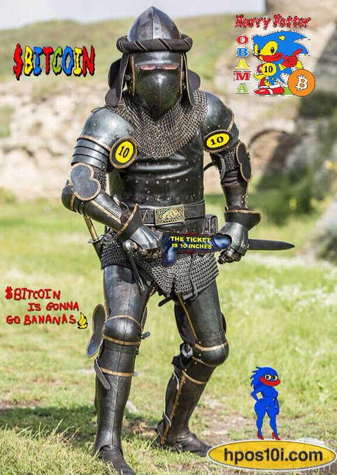 A meme image featuring a knight in black armor with $BITCOIN and 'Hurry Potter OBAMA' graphics, along with text '$BITCOIN IS GONNA GO BANANAS' and a website 'hpos10i.com'.