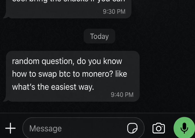 A screenshot of a text message conversation where someone asks, 'random question, do you know how to swap btc to monero? like what's the easiest way.' at 9:40 PM.