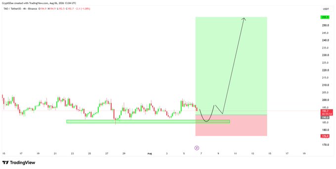 A TradingView 4H chart for TAO/USDT on Binance shows price consolidating above a highlighted green support zone around $185.0, with a drawn projection indicating a potential downward liquidity grab into the red-shaded area before a sharp upward move toward $255.5+. The chart visually maps the trade setup described, illustrating the expected short-term dip to fill the support block followed by a "vertical send" to the projected target.