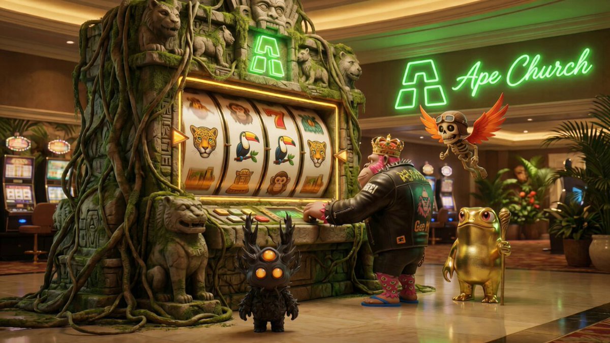 The image features a large slot machine with a green neon sign that reads "Ape Church". A man dressed as a monkey is standing next to the slot machine, while another person dressed like a human is also present nearby. The three figures are positioned in front of the slot machine, and there's an additional person further back on the right side of the image.