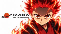 The image features the IZANA WORLD logo alongside an anime-style character with fiery red hair, visually representing the company's Japanese IP creation in anime. The fiery-haired figure embodies the energetic, imaginative spirit highlighted in the post's tagline, "Japanese imagination. Built for the world."