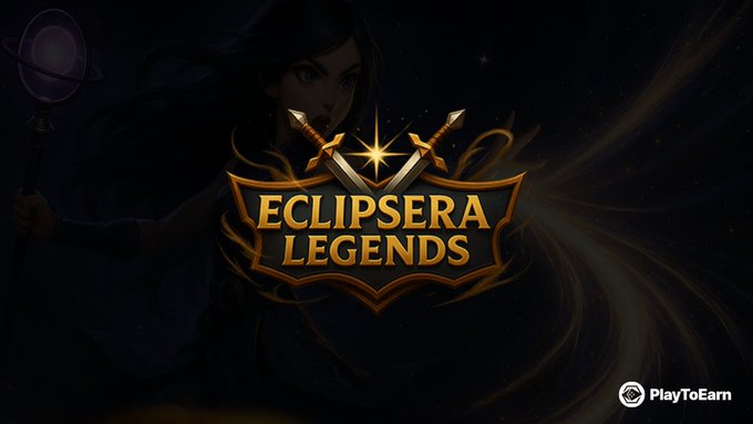 The image displays the logo for "Eclipsera Legends," a blockchain RPG, alongside the "PlayToEarn" logo, highlighting its listing on the platform.