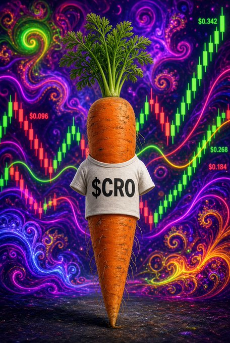 An anthropomorphic carrot wearing a white t-shirt with '$CRO' stands against a vibrant psychedelic background featuring stock market candlestick charts with prices like $0.096, $0.184, $0.268, and $0.342.