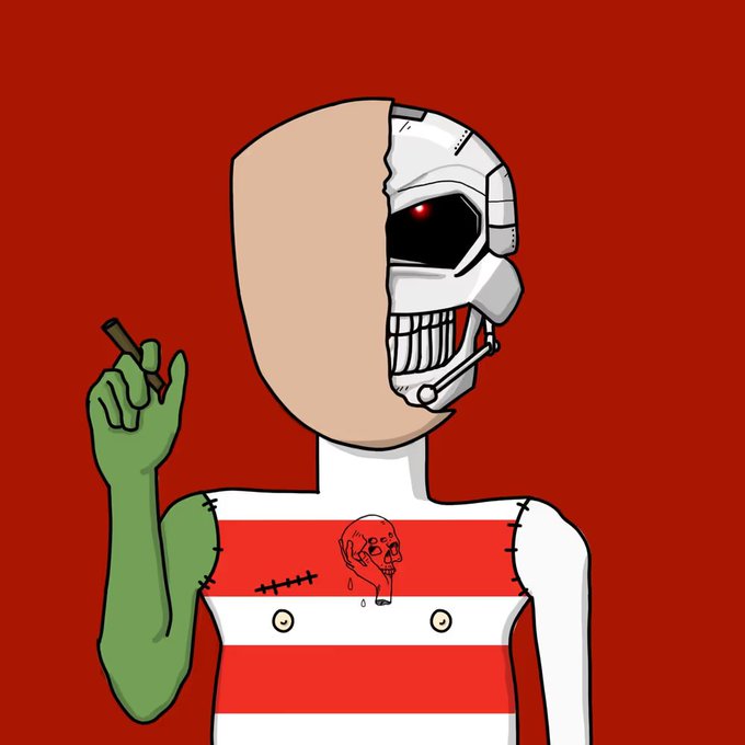 A digital illustration of a half-human, half-robot character with a green arm, wearing a red and white striped shirt featuring a small skull graphic, set against a red background.