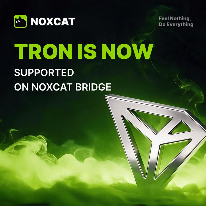 A promotional graphic announces 'TRON IS NOW SUPPORTED ON NOXCAT BRIDGE' in green text, featuring the 'NOXCAT' logo and the slogan 'Feel Nothing, Do Everything' alongside a silver TRON logo amidst green smoke.
