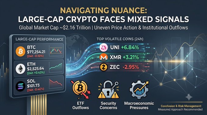 A cryptocurrency market infographic titled 'NAVIGATING NUANCE: LARGE-CAP CRYPTO FACES MIXED SIGNALS' showing global market cap of ~$2.16 Trillion, with large-cap performance for BTC ($77,254.21, -0.10%), ETH ($2,525.64, +0.43%), and SOL ($101.73, -0.46%), and top 24h volatile coins UNI (+6.84%), XMR (+3.21%), and ZEC (-2.95%).