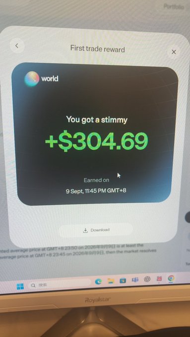 A laptop screen displays a "First trade reward" notification from World showing an unexpected airdrop of "+$304.69" earned on 9 Sept at 11:45 PM GMT+8, humorously captioned "You got a stimmy"—perfectly illustrating the surprise plot twist where critics of an airdrop turned into eager farmers by day's end.