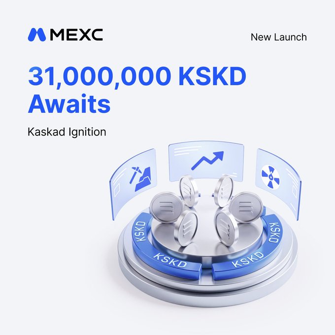 The image features a silver coin-like object surrounded by blue circles containing coins. The text "MEXC" is written above the coin, while "@AppKaskad" is below it. The background of the image is white with some text in the top left corner that reads "31,000,000 KSKD Awaitings Kasakad ignition".