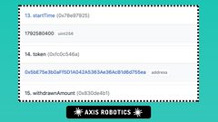 A blockchain transaction record for AXIS ROBOTICS showing a start time, a token transfer of 7902680400 units to address 0x6540f1, and a withdrawal amount of 36306d91.