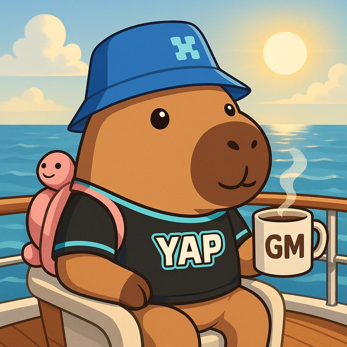 A cartoon capybara character wearing a blue bucket hat with an 'H' logo and a shirt reading 'YAP' sits on a boat holding a coffee mug labeled 'GM,' with a small pink turtle on its back.
