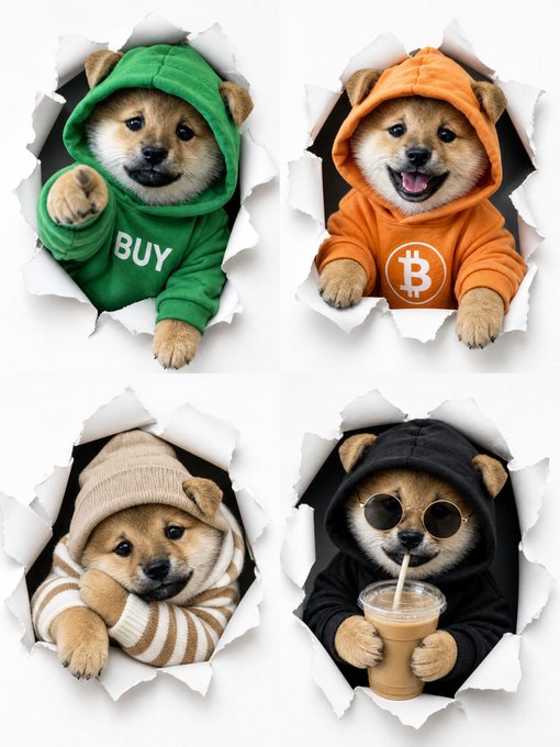 The image features four dogs, each wearing a hoodie with different colors - green, orange, black, and brown. They are all peeking out from behind paper cutouts that resemble holes or openings. The text "Bought" on one of the hoodies suggests they might have been purchased for a special occasion or as gifts. The image also includes a drink in a cup placed near the bottom right corner, adding to the playful and whimsical nature of the scene.