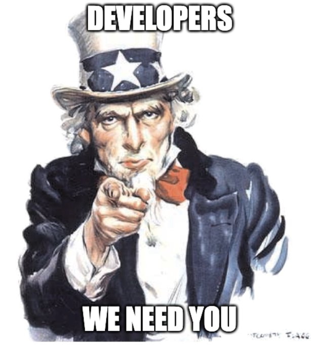 The image features a cartoon depiction of the character Uncle Sam, wearing his iconic top hat and bowler hat, pointing his finger at the viewer with a serious expression. The text "Developer Advocates" is written below the image, suggesting that there might be an event or opportunity for people to become advocates for the infrastructure needed for the agent economy.
