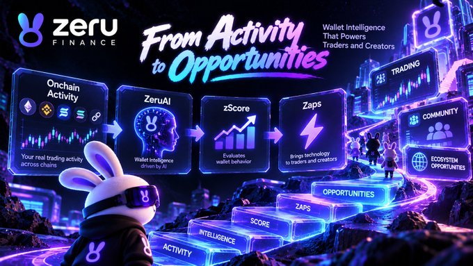 A colorful Zeru Finance promotional banner reading 'From Activity to Opportunities,' illustrating how ZeruAI, zScore, and Zaps connect on-chain activity to wallet intelligence, trading, and community features.