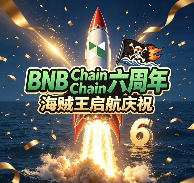 A promotional graphic celebrating BNB Chain Chain's sixth anniversary with Chinese text and a rocket launching from the sea alongside a pirate flag.