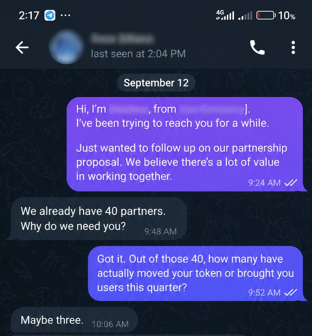 A Telegram chat screenshot from September 12 showing a partnership pitch where the sender asks to follow up on a collaboration proposal, and the recipient replies, "We already have 40 partners. Why do we need you?" before admitting only "Maybe three" brought value.