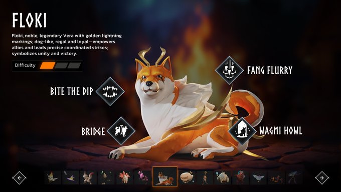 iklaki, a golden fox with horns and wings, sits on its hind legs against a dark background, accompanied by a dragon and a bridge.