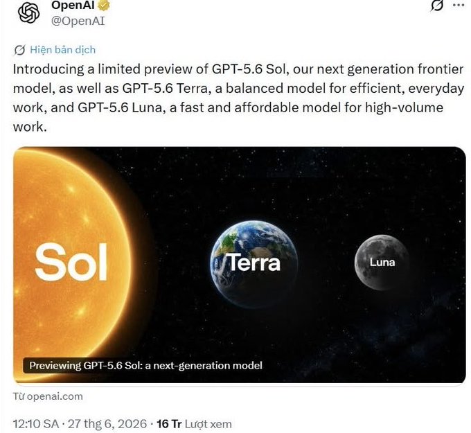 An OpenAI tweet announcing a limited preview of GPT-5.6 Sol (frontier model), GPT-5.6 Terra (balanced/efficient), and GPT-5.6 Luna (fast/affordable), featuring images of the Sun, Earth, and Moon.