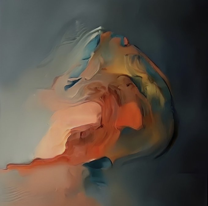 An abstract, blurred artwork featuring swirling colors of orange, blue, and gray.