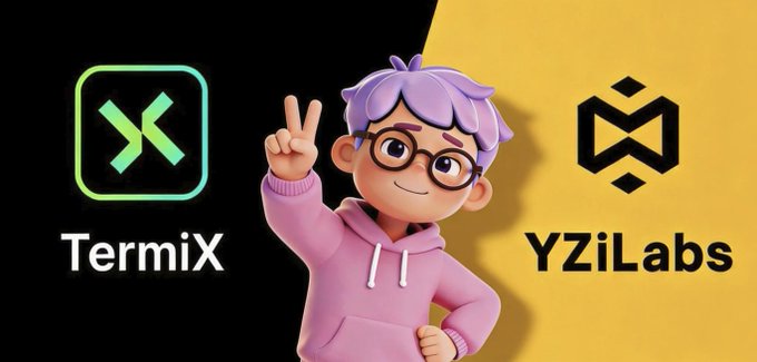 A promotional graphic featuring a 3D animated character with purple hair making a peace sign, flanked by the TermiX and YZiLabs logos on a split black and yellow background.