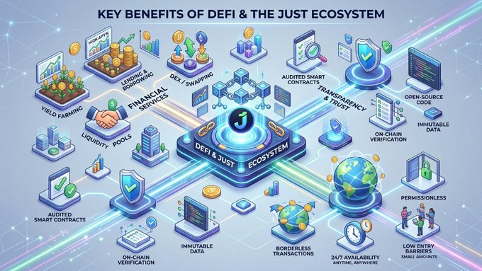 The image features an infographic explaining the benefits of decentralized finance (DeFi) and its potential impact on traditional financial systems. The infographic highlights various aspects of DeFi, including different types of tokens or assets, smart contracts, and innovative financial services that can be accessed through decentralized platforms. It also mentions a project called Just, which focuses on enabling users to access financial services more conveniently and securely through blockchain technology. The image is designed for an audience to better understand the concept of DeFi and its potential advantages in comparison to traditional banking systems or centralized finance.