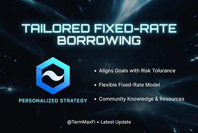 The image is a promotional graphic with a dark, space-themed background featuring the headline "TAILORED FIXED-RATE BORROWING" in glowing white text. On the left is a blue hexagonal logo with a wave-like design inside, labeled "PERSONALIZED STRATEGY," alongside bullet points reading "Aligns Goals with Risk Tolerance," "Flexible Fixed-Rate Model," and "Community Knowledge & Resources," with "@TermMaxFi • Latest Update" at the bottom.

The image directly supports the post by visually summarizing TermMaxFi's value proposition—personalized fixed-rate borrowing that matches each investor's unique goals and risk tolerance.