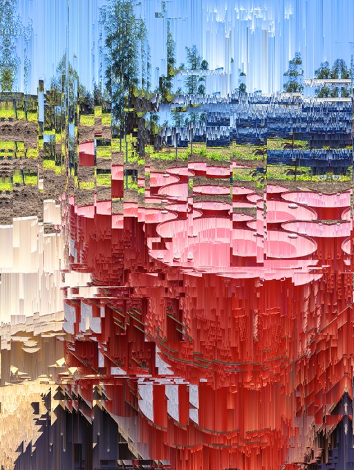 A distorted, glitch-art style image featuring vertical bands of blue sky, green trees, brown earth, and a large red textured cylindrical object.