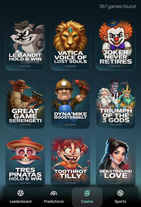 A screenshot of a casino gaming app interface showing a grid of game thumbnails including 'LE BANDIT HOLD & WIN', 'VATIC VOICE OF LOST SOULS', 'JOKER NEVER RETIRES', and 'TRIUMPH OF THE 3 GODS', with '367 games found' displayed at the top.