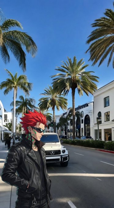 An anime-style character with spiky red hair, sunglasses, and a black leather jacket stands in front of a white Mercedes-Benz G-Wagon on a palm-lined street, likely Rodeo Drive. The image's luxury, forward-looking aesthetic visually reinforces the post's theme of appreciation for steady, behind-the-scenes builders in Web3.
