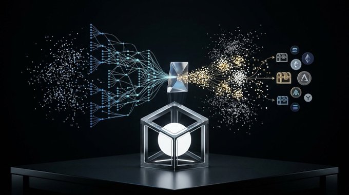 A conceptual image showing a glowing neural network transforming into cryptocurrency icons, symbolizing the intersection of AI and blockchain technology.