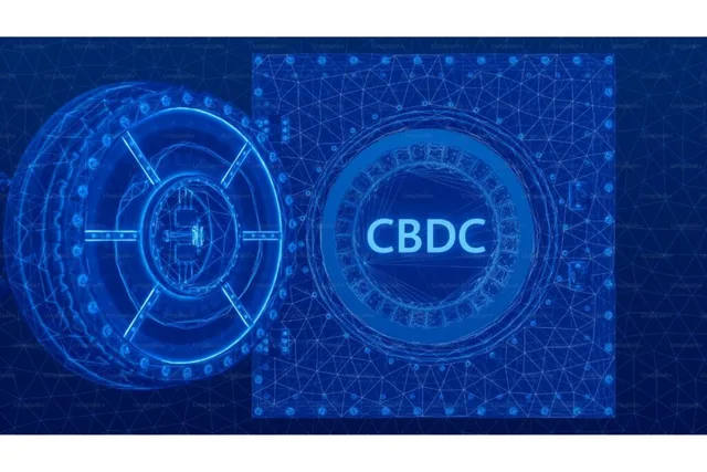 Digital graphic with a blue tech-themed background displaying a vault-like circular mechanism and a digital token labeled 'CBDC' (Central Bank Digital Currency).