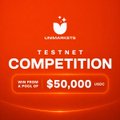A promotional banner with a red background and the Unimarkets logo announces a "Testnet Competition" offering a prize pool of $50,000, with text indicating "How to play & rules" and "Terms." The image directly supports the post's announcement about the aggregated prediction market's testnet event, where participants can earn points through daily predictions to compete for a share of the $50,000 prize pool.