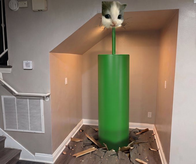 A meme image features a giant green pipe breaking through the floor of a house, with a cat's head poking out of the wall above it.