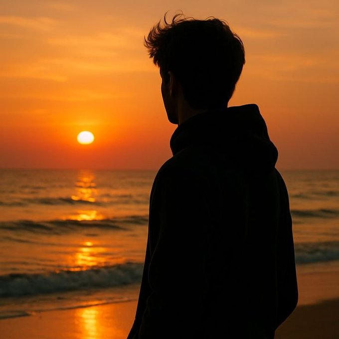 Silhouette of a person in a hoodie watching an orange sunset over the ocean.