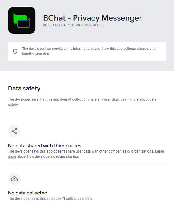 The Google Play Store data safety page for 'BChat - Privacy Messenger' by Beldex Global Software Design L.L.C, stating the app does not share data with third parties or collect user data.