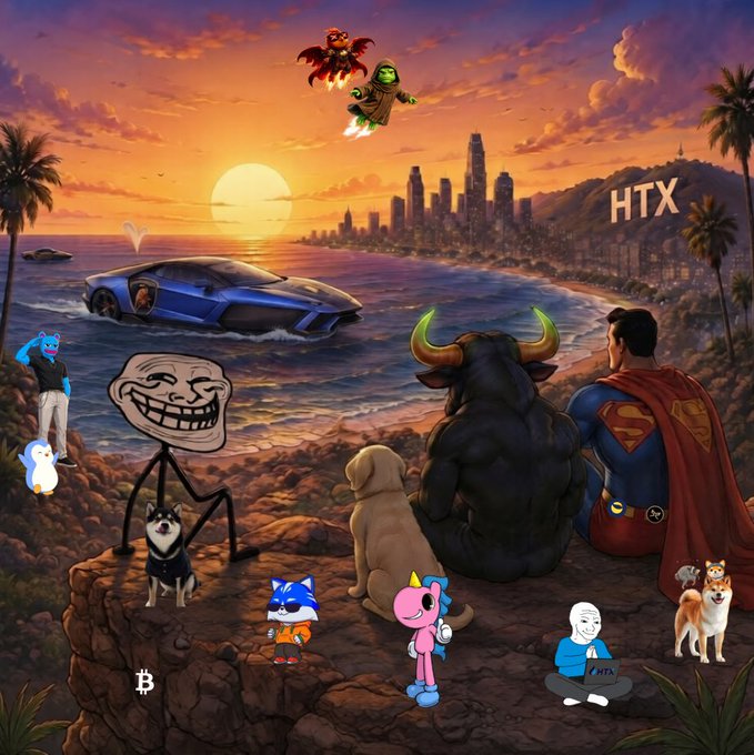 A surreal digital artwork depicts various pop culture characters—including Superman, a Trollface, Shiba Inu dogs, and anime figures—gathered on a cliff overlooking a sunset cityscape labeled 'HTX' by the ocean.