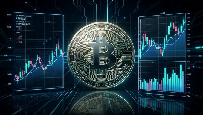 A digital illustration featuring a large Bitcoin coin centered against a backdrop of cryptocurrency price charts and circuit board patterns in blue tones.