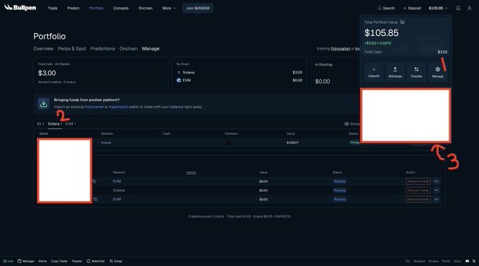 Screenshot of the Bullpen portfolio management page showing Solana and EVM chains with a portfolio value of $105.85, featuring red numbered annotations (1, 2, 3) pointing to various UI elements.