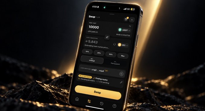 A sleek smartphone displaying a cryptocurrency swap interface, showing a conversion of 10,000 USDT to approximately 9.843 ZEC, set against a dark, textured background.