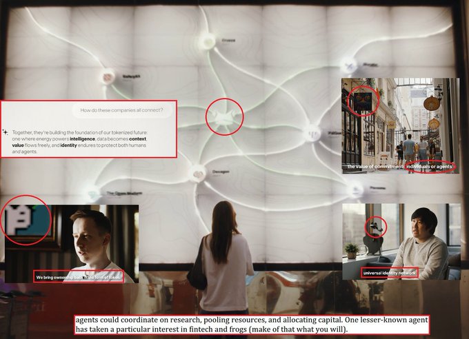 A digital display showing interconnected network diagrams with text about companies building a tokenized future, with inset videos of people discussing 'tokenized futures' and 'universal identity' as viewed by a person standing in front of the screen.