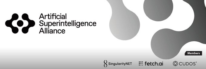 The image displays the "Artificial Superintelligence Alliance" logo alongside members including SingularityNET, fetch.ai, and CUDOS, visually representing the ASI Alliance coalition described in the post.