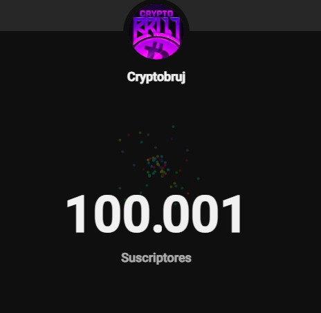 A celebratory milestone image from Cryptobruj showing the channel has reached 100,001 subscribers, matching the post's announcement "HEMOS LLEGADO GENTE" (We've made it, people) with a festive burst of confetti on a dark background.