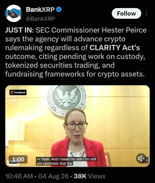A BankXRP tweet quoting SEC Commissioner Hester Peirce saying the agency will advance crypto rulemaking regardless of CLARITY Act outcome, citing pending work on custody, tokenized securities trading, and fundraising frameworks for crypto assets.