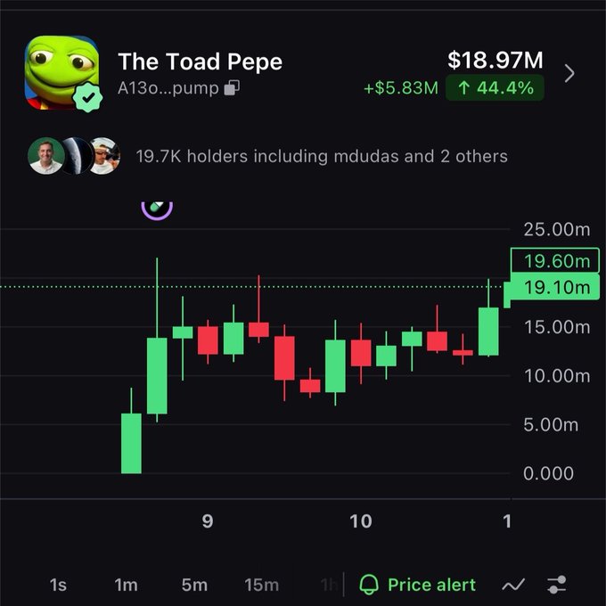 Trading chart for 'The Toad Pepe' showing a price of $18.97M with a 44.4% gain, 19.7K holders, and green/red candlesticks indicating a recent sharp price increase.