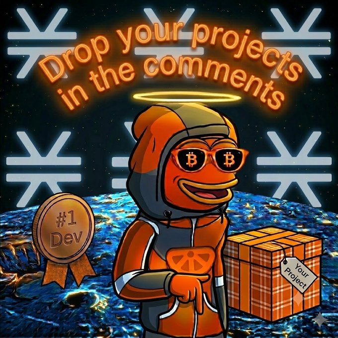 The image features Pepe the Frog as a "#1 Dev" character wearing Bitcoin sunglasses and a halo, standing on the moon next to a gift box labeled "Your Project," with the bold orange text "Drop your projects in the comments" at the top. It serves as a playful call-to-action visual encouraging Stacks ecosystem builders to showcase their projects in the comments, using the iconic meme character to hype up the community's creative talent.